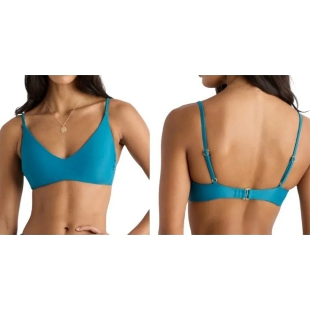 quince italian v-neck bikini top swimsuit in lagoon teal blue, women size medium